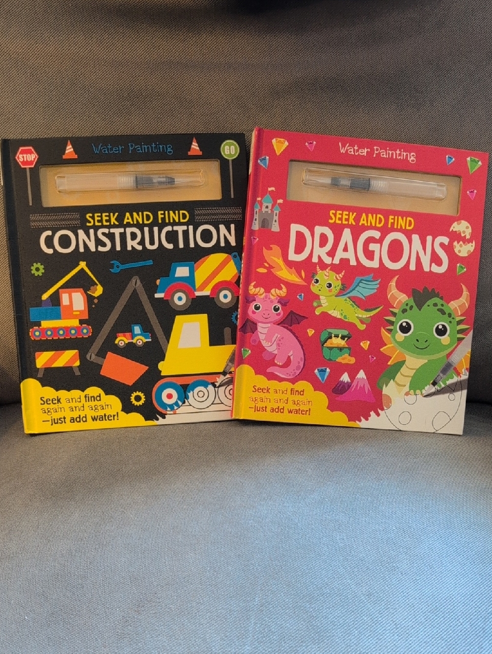 Seek and Find Dragons & Construction Water Painting Activity Books